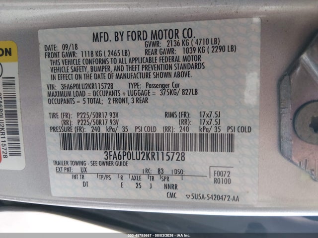 Продаж на аукціоні авто 2019 Ford Fusion Hybrid Se, vin: 3FA6P0LU2KR115728, номер лоту: 45785667