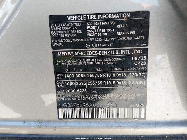 45785670 :رقم المزاد ، 4JGBB75E96A032783 vin ، 2006 Mercedes-benz Ml 500 4matic مزاد بيع