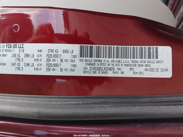 2018 Dodge Grand Caravan Se მანქანა იყიდება აუქციონზე, vin: 2C4RDGBG2JR254878, აუქციონის ნომერი: 45785680