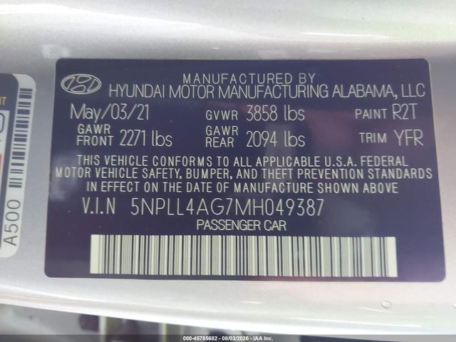 Продажа на аукционе авто 2021 Hyundai Elantra Se, vin: 5NPLL4AG7MH049387, номер лота: 45785682