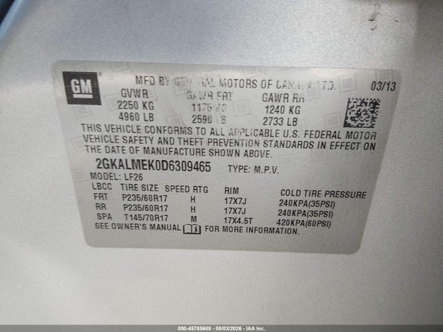 45785688 :رقم المزاد ، 2GKALMEK0D6309465 vin ، 2013 Gmc Terrain Sle-1 مزاد بيع