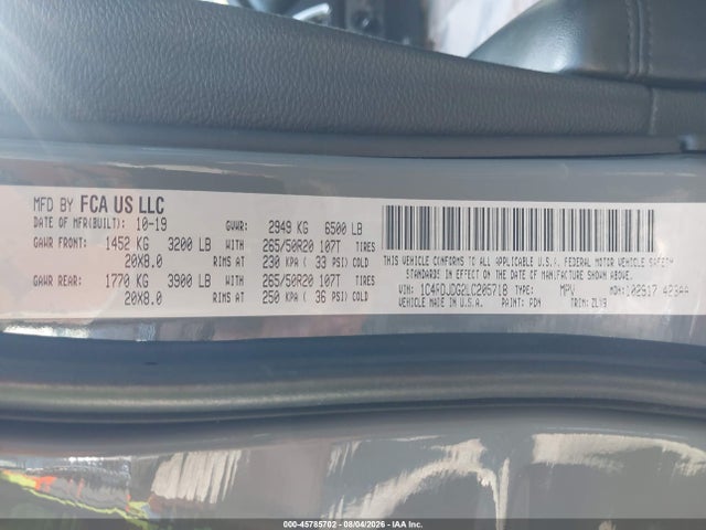 Продажа на аукционе авто 2020 Dodge Durango Gt Plus Awd, vin: 1C4RDJDG2LC205718, номер лота: 45785702