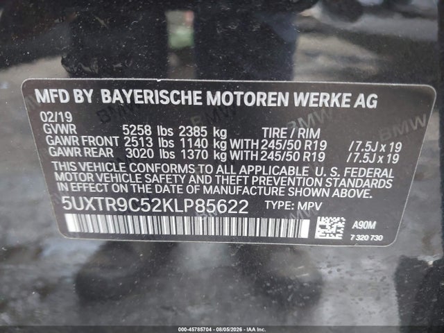 45785704 :رقم المزاد ، 5UXTR9C52KLP85622 vin ، 2019 Bmw X3 Xdrive30i مزاد بيع