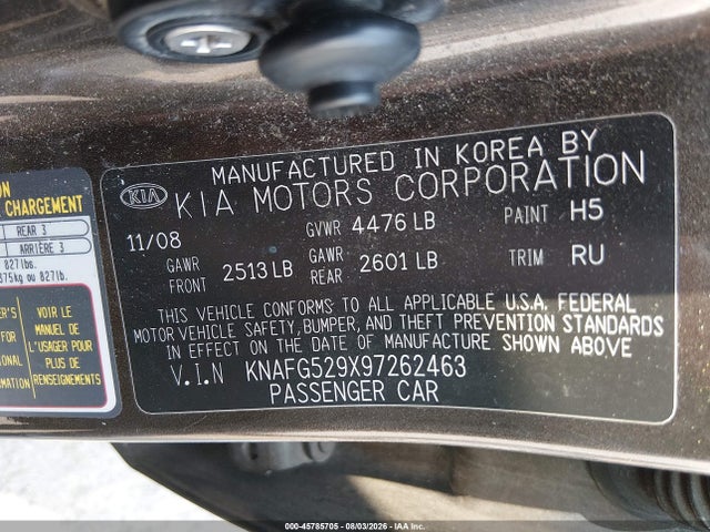 45785705 :رقم المزاد ، KNAFG529X97262463 vin ، 2009 Kia Rondo Lx مزاد بيع