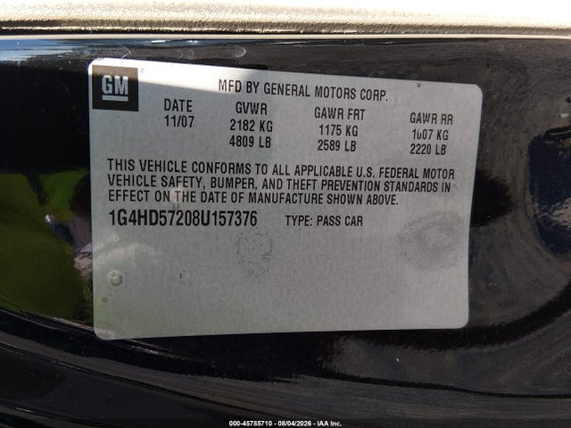 45785710 :رقم المزاد ، 1G4HD57208U157376 vin ، 2008 Buick Lucerne Cxl مزاد بيع
