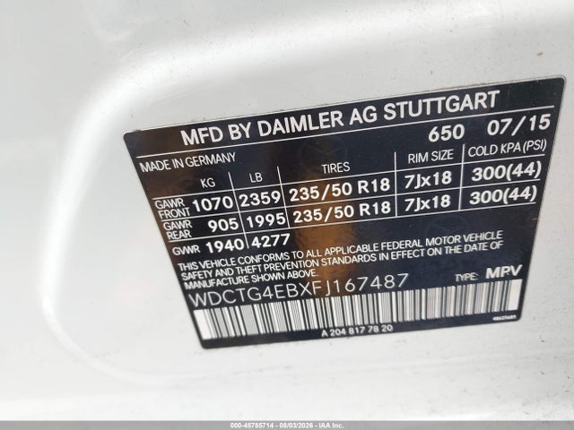 Aukcja sprzedaży 2015 Mercedes-benz Gla 250, vin: WDCTG4EBXFJ167487, numer aukcji: 45785714