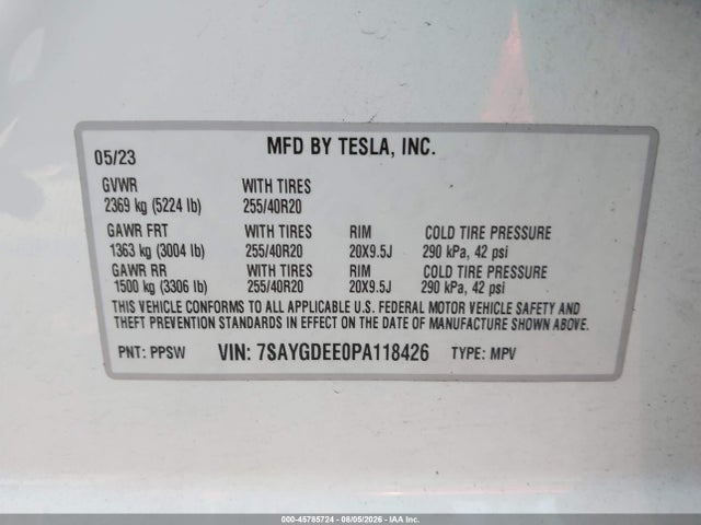 Aukcja sprzedaży 2023 Tesla Model Y Awd/long Range Dual Motor All-wheel Drive, vin: 7SAYGDEE0PA118426, numer aukcji: 45785724