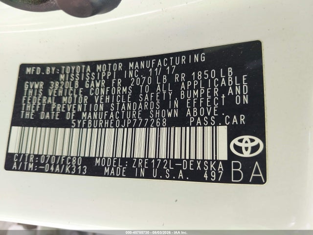 45785730 :رقم المزاد ، 5YFBURHE0JP777268 vin ، 2018 Toyota Corolla Se مزاد بيع