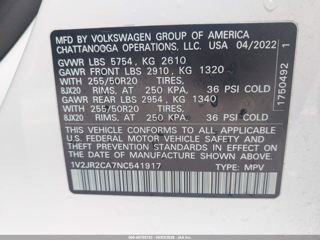45785742 :رقم المزاد ، 1V2JR2CA7NC541917 vin ، 2022 Volkswagen Atlas 3.6l V6 Se W/technology مزاد بيع