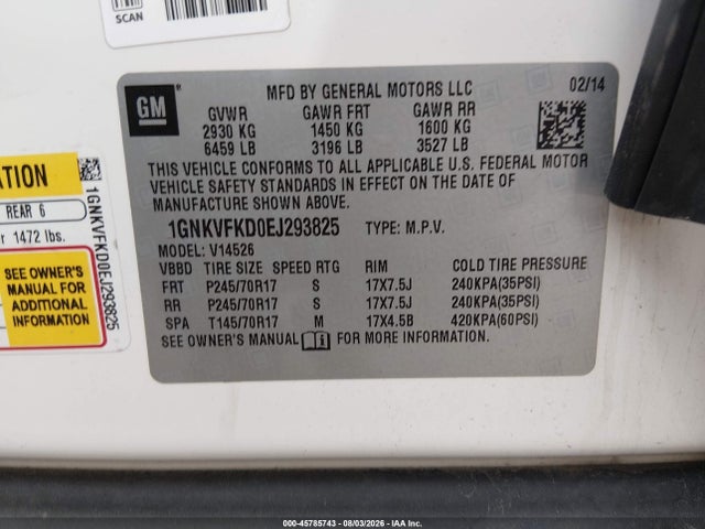 Продажа на аукционе авто 2014 Chevrolet Traverse Ls, vin: 1GNKVFKD0EJ293825, номер лота: 45785743