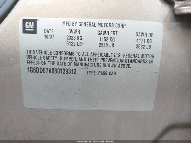 45785752 :رقم المزاد ، 1G6DD67V080139313 vin ، 2008 Cadillac Sts Awd W/1sb مزاد بيع