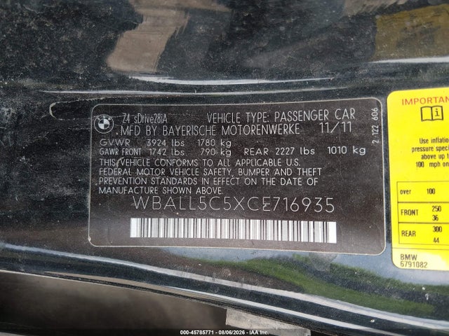 Aukcja sprzedaży 2012 Bmw Z4 Sdrive28i, vin: WBALL5C5XCE716935, numer aukcji: 45785771
