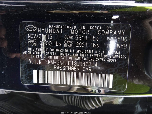 45785779 :رقم المزاد ، KMHGN4JE1GU142714 vin ، 2016 Hyundai Genesis 3.8 مزاد بيع