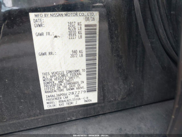 2016 Nissan Altima 2.5 Sr მანქანა იყიდება აუქციონზე, vin: 1N4AL3AP0GC287279, აუქციონის ნომერი: 45785781