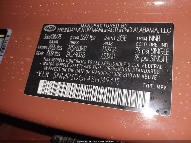 Продажа на аукционе авто 2025 Hyundai Santa Fe Xrt, vin: 5NMP3DGL4SH149415, номер лота: 45785784