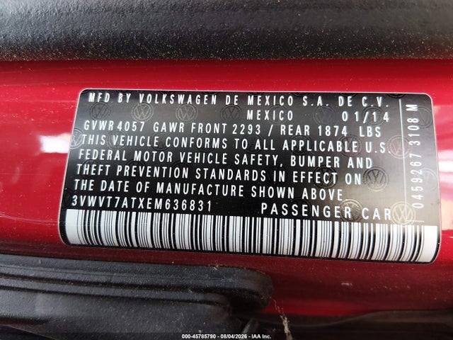 2014 Volkswagen Beetle 2.0t R-line მანქანა იყიდება აუქციონზე, vin: 3VWVT7ATXEM636831, აუქციონის ნომერი: 45785790