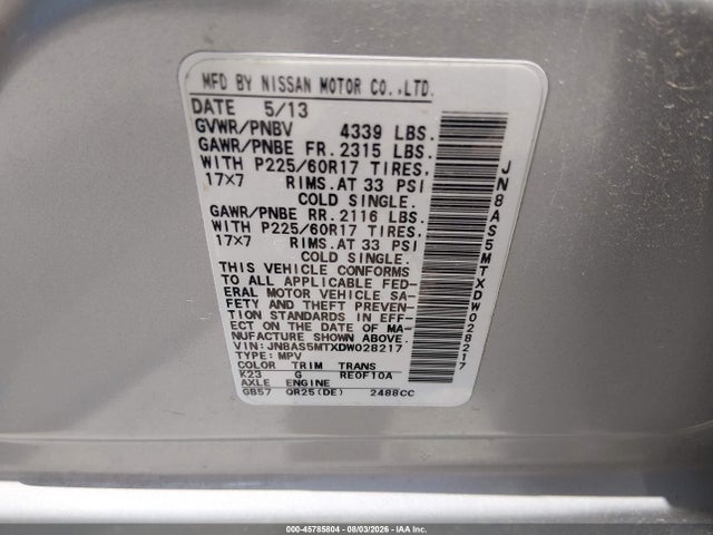 45785804 :رقم المزاد ، JN8AS5MTXDW028217 vin ، 2013 Nissan Rogue Sv مزاد بيع