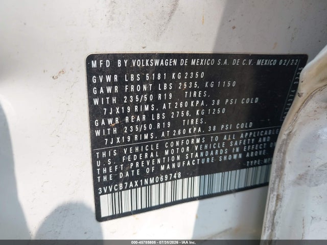 2022 Volkswagen Tiguan 2.0t Se R-line Black მანქანა იყიდება აუქციონზე, vin: 3VVCB7AX1NM069748, აუქციონის ნომერი: 45785805