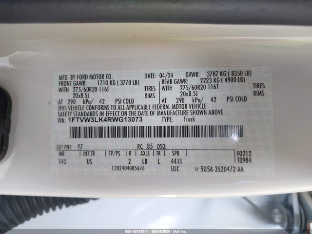 Aukcja sprzedaży 2024 Ford F-150 Lightning Xlt, vin: 1FTVW3LK4RWG13073, numer aukcji: 45785811
