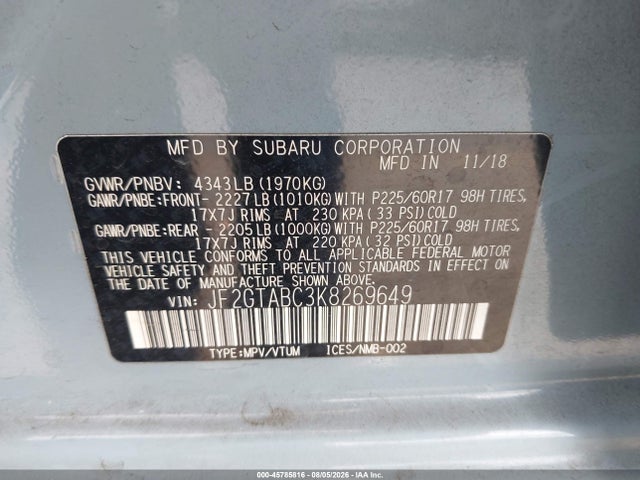 Subaru Crosstrek 2.0i 2019 JF2GTABC3K8269649 Image 9