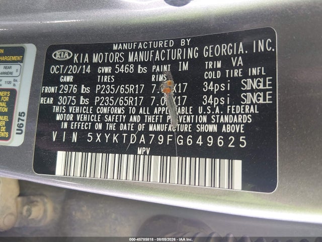 KIA Sorento Lx V6 2015 5XYKTDA79FG649625 Image 9