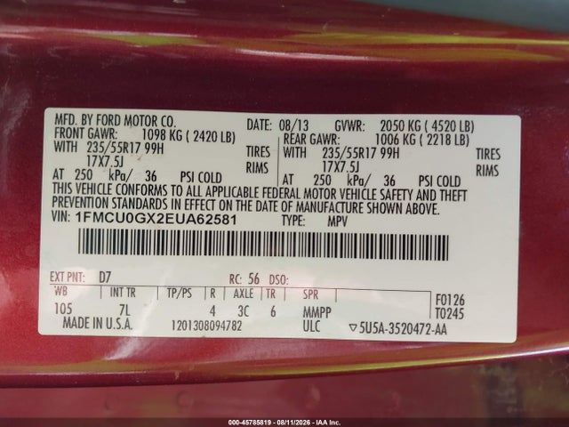 1FMCU0GX2EUA62581 Ford ESCAPE SE