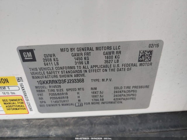 Продаж на аукціоні авто 2015 Gmc Acadia Slt-1, vin: 1GKKRRKD3FJ293368, номер лоту: 45785820