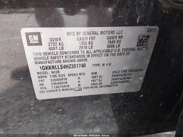 Продажа на аукционе авто 2017 Gmc Acadia Sle-2, vin: 1GKKNLLS4HZ261748, номер лота: 45785840