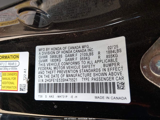 2HGFE1E53SH475521 Honda Civic Si Base W/high Performance Summer Tires/