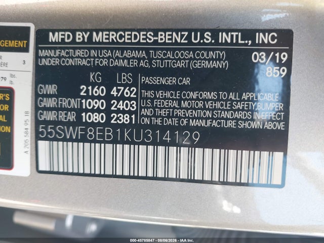 Aukcja sprzedaży 2019 Mercedes-benz C 300 4matic, vin: 55SWF8EB1KU314129, numer aukcji: 45785847