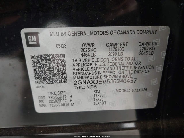 Продаж на аукціоні авто 2018 Chevrolet Equinox Lt, vin: 2GNAXJEV5J6346457, номер лоту: 45785860