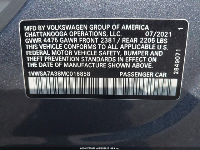 2021 Volkswagen Passat 2.0t Se მანქანა იყიდება აუქციონზე, vin: 1VWSA7A38MC016858, აუქციონის ნომერი: 45785866