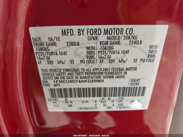 Aukcja sprzedaży 2010 Ford Escape Xlt, vin: 1FMCU9D74AKD20968, numer aukcji: 45785867