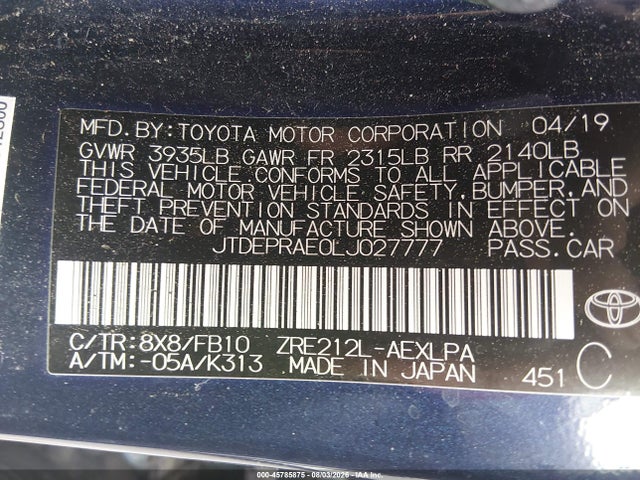 45785875 :رقم المزاد ، JTDEPRAE0LJ027777 vin ، 2020 Toyota Corolla Le مزاد بيع