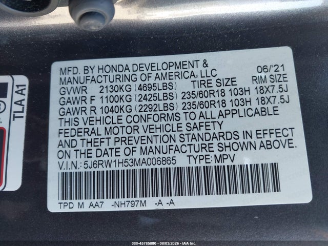 5J6RW1H53MA006865 Honda Cr-v 2wd Ex