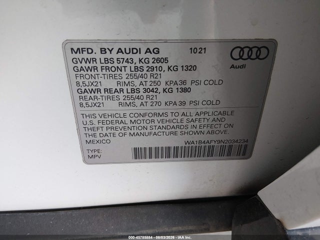 Aukcja sprzedaży 2022 Audi Sq5 Premium Plus Tfsi Quattro Tiptronic, vin: WA1B4AFY9N2034234, numer aukcji: 45785884