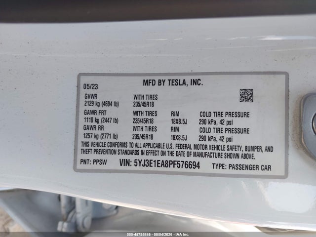 Продаж на аукціоні авто 2023 Tesla Model 3 Rear-wheel Drive, vin: 5YJ3E1EA8PF576694, номер лоту: 45785886