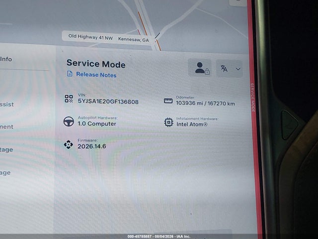 45785887 :رقم المزاد ، 5YJSA1E20GF136808 vin ، 2016 Tesla Model S 60d/70d/75d/85d/90d مزاد بيع