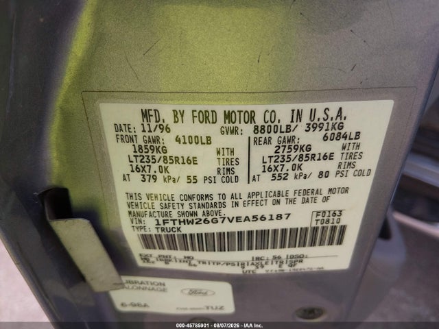 1997 Ford F-250 Xl მანქანა იყიდება აუქციონზე, vin: 1FTHW26G7VEA56187, აუქციონის ნომერი: 45785901