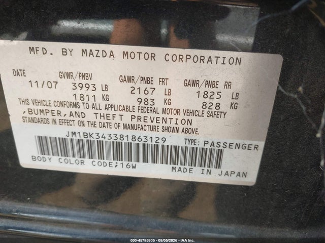 Продаж на аукціоні авто 2008 Mazda Mazda3 S Touring, vin: JM1BK343381863129, номер лоту: 45785905