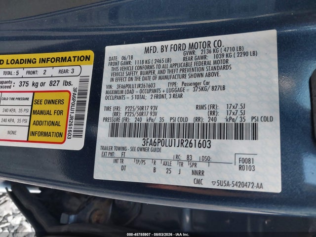 3FA6P0LU1JR261603 Ford Fusion Hybrid Se