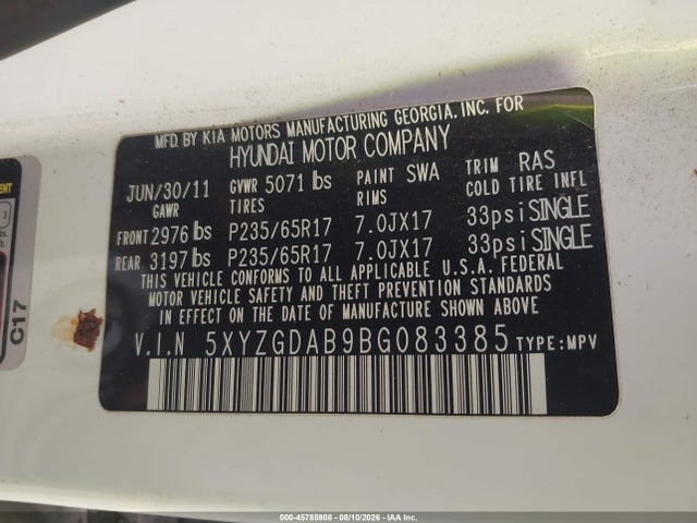 Aukcja sprzedaży 2011 Hyundai Santa Fe Gls, vin: 5XYZGDAB9BG083385, numer aukcji: 45785908