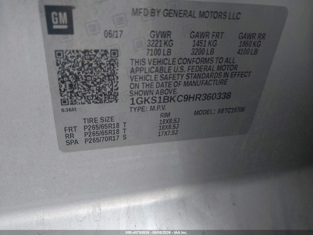 Продаж на аукціоні авто 2017 Gmc Yukon Slt, vin: 1GKS1BKC9HR360338, номер лоту: 45785926