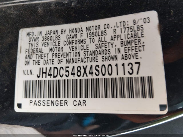 45785933 :رقم المزاد ، JH4DC548X4S001137 vin ، 2004 Acura Rsx مزاد بيع