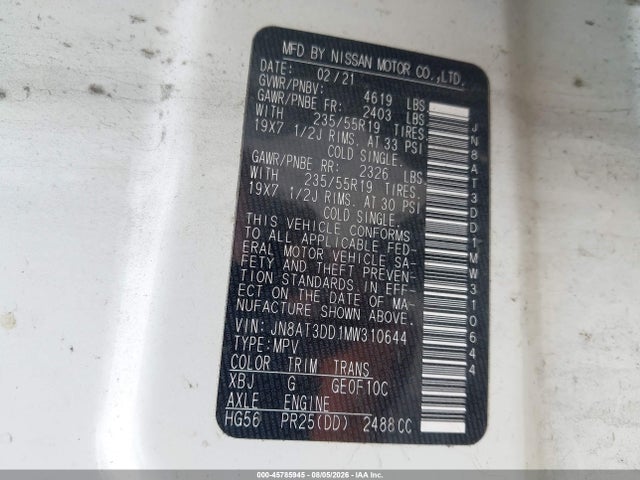 Продажа на аукционе авто 2021 Nissan Rogue Platinum Intelligent Awd, vin: JN8AT3DD1MW310644, номер лота: 45785945