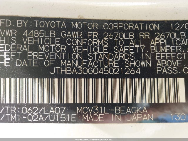 Auction sale of the 2004 Lexus Es 330, vin: JTHBA30G045021264, lot number: 45785947
