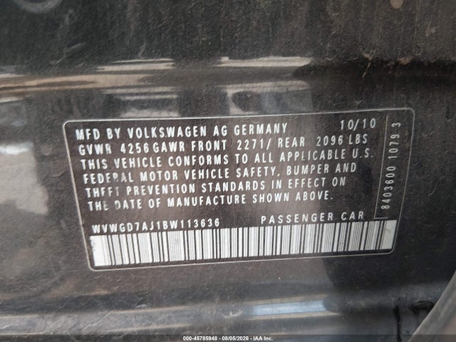 2011 Volkswagen Gti 4-door მანქანა იყიდება აუქციონზე, vin: WVWGD7AJ1BW113636, აუქციონის ნომერი: 45785948