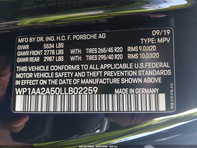 2020 Porsche Macan მანქანა იყიდება აუქციონზე, vin: WP1AA2A50LLB02259, აუქციონის ნომერი: 45785955