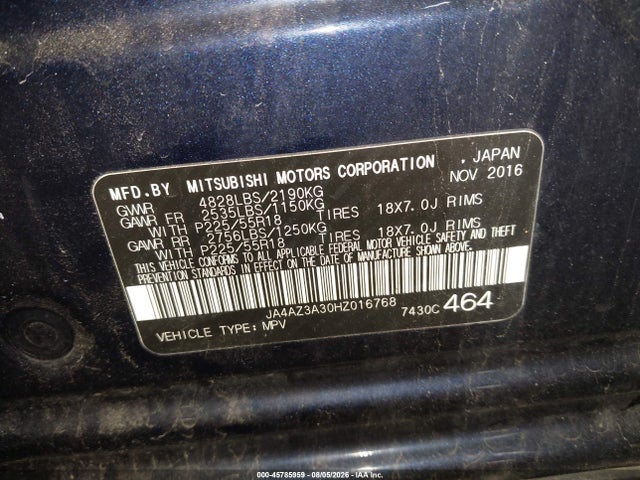 Продаж на аукціоні авто 2017 Mitsubishi Outlander Se/sel, vin: JA4AZ3A30HZ016768, номер лоту: 45785959