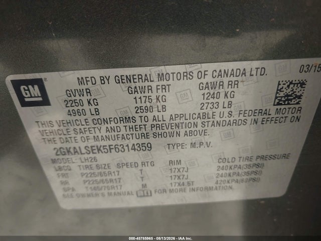 Aukcja sprzedaży 2015 Gmc Terrain Slt-1, vin: 2GKALSEK5F6314359, numer aukcji: 45785965